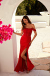 Prom Dresses Fitted Corset Long Formal Slit Prom Dress Red