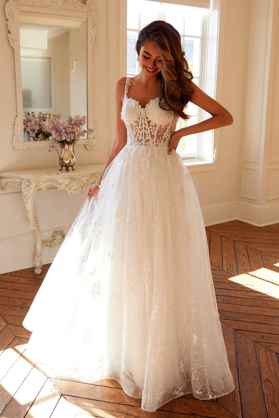 Wedding Dresses Long A Line Floral Lace Wedding Dress Off White