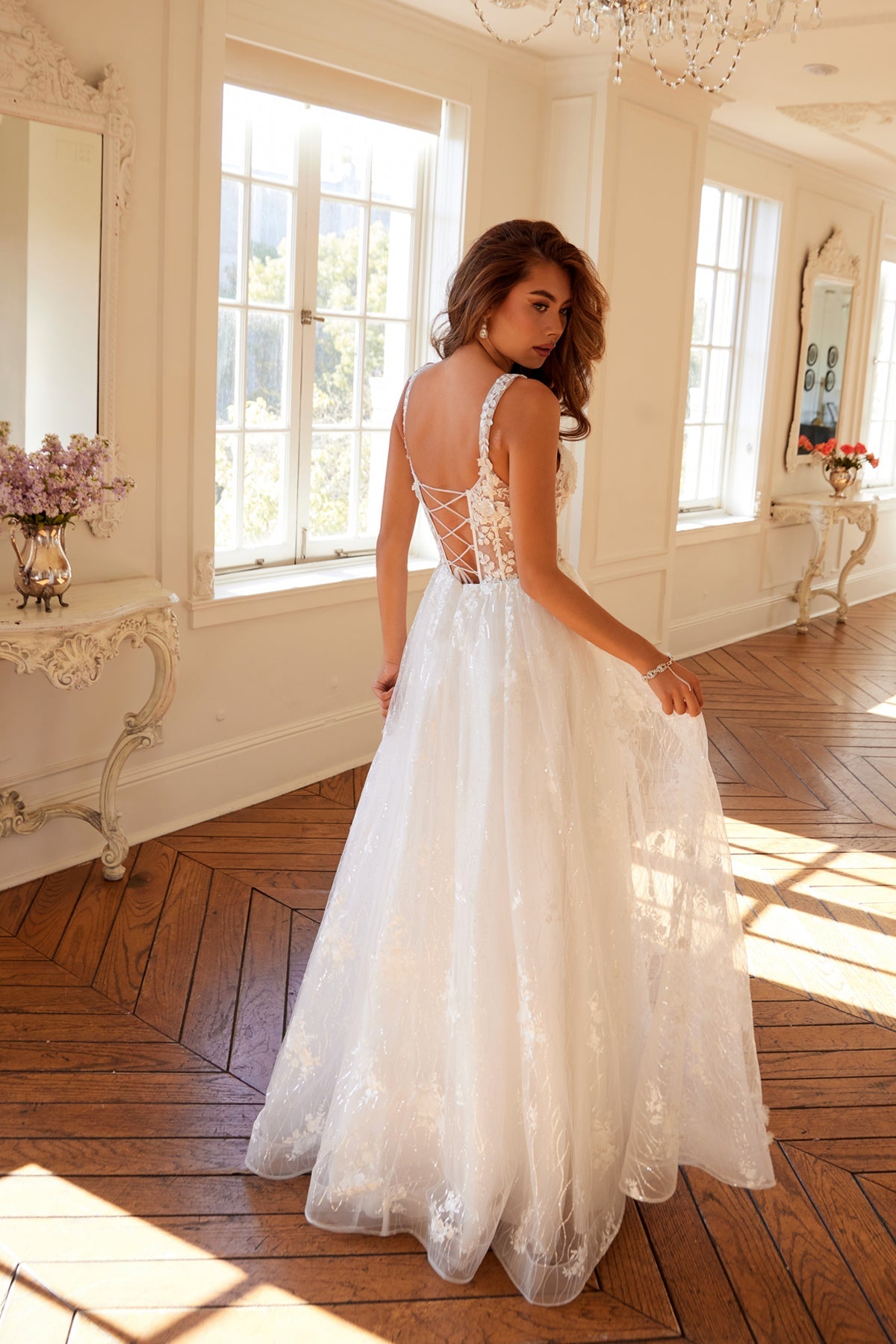 Wedding Dresses Long A Line Floral Lace Wedding Dress Off White