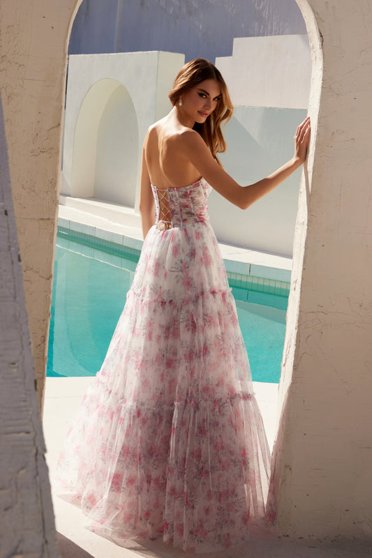 Prom Dresses Prom Long A Line Floral Print Formal Dress White Pink