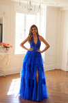 Prom Dresses Ruffled A Line Long Formal Lace Applique Prom Dress Royal Blue