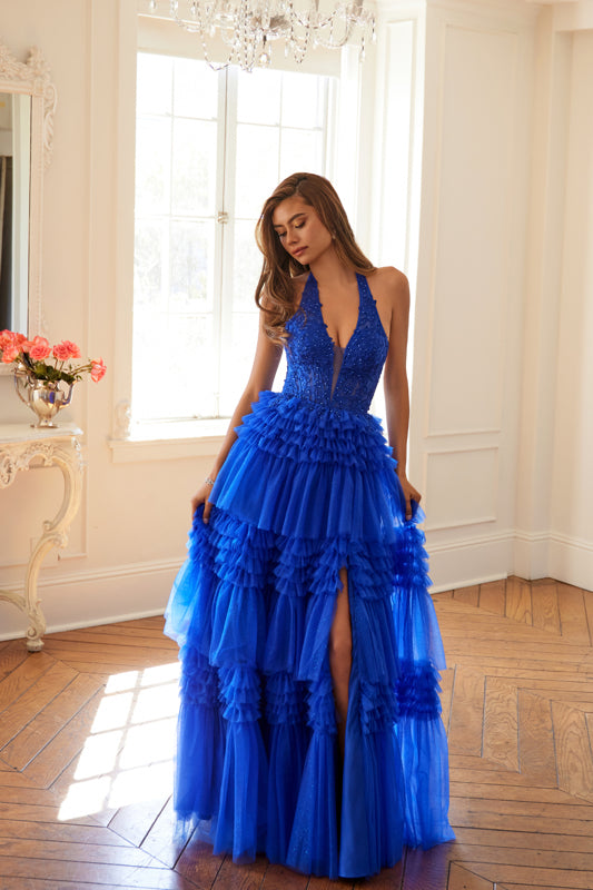 Prom Dresses Ruffled A Line Long Formal Lace Applique Prom Dress Royal Blue