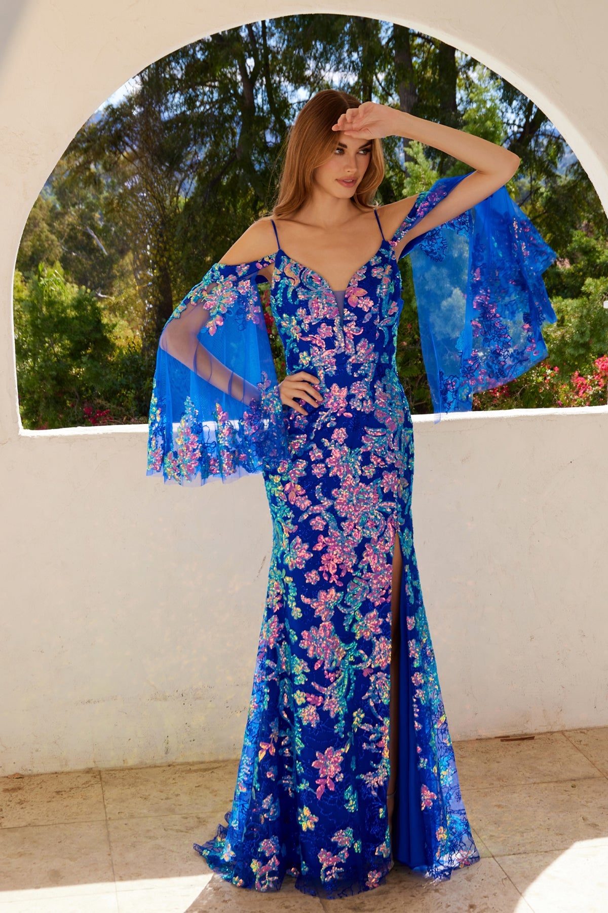 Prom Dresses Glitter Print Long Formal Applique Prom Dress Royal Blue