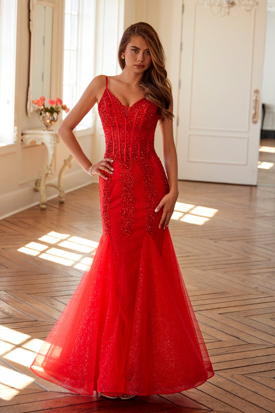 Prom Dresses Long Mermaid Formal Glitter Sequin Corset Prom Dress Red