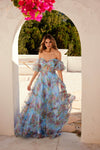 Prom Dresses A Line Long Formal Printed Ruffle Prom Dress Blue