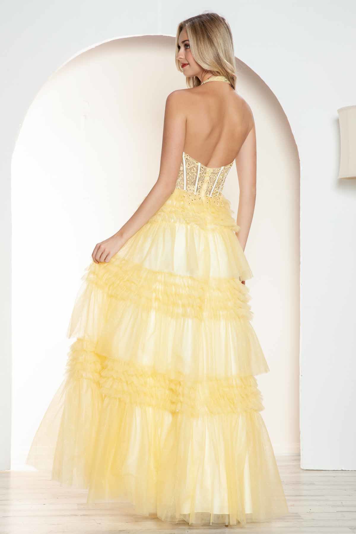 Prom Dresses Ruffled A Line Long Formal Lace Applique Prom Dress Yellow