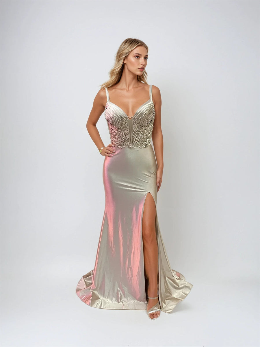 Prom Dresses Long Fitted Ruched Slit Prom Dress Gold
