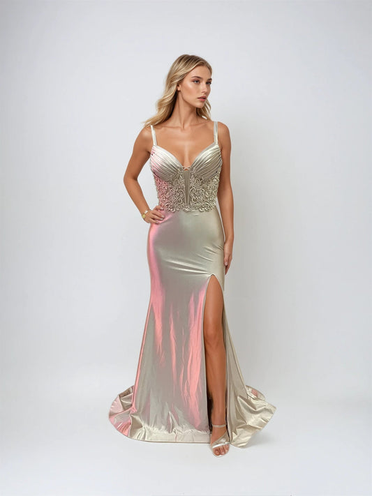 Prom Dresses Long Fitted Ruched Slit Prom Dress Gold