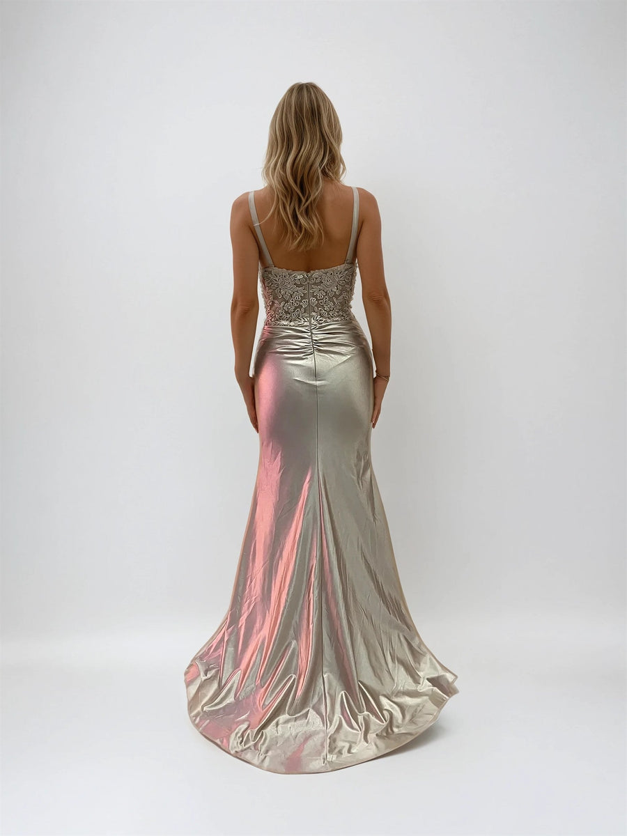 Prom Dresses Long Fitted Ruched Slit Prom Dress Gold