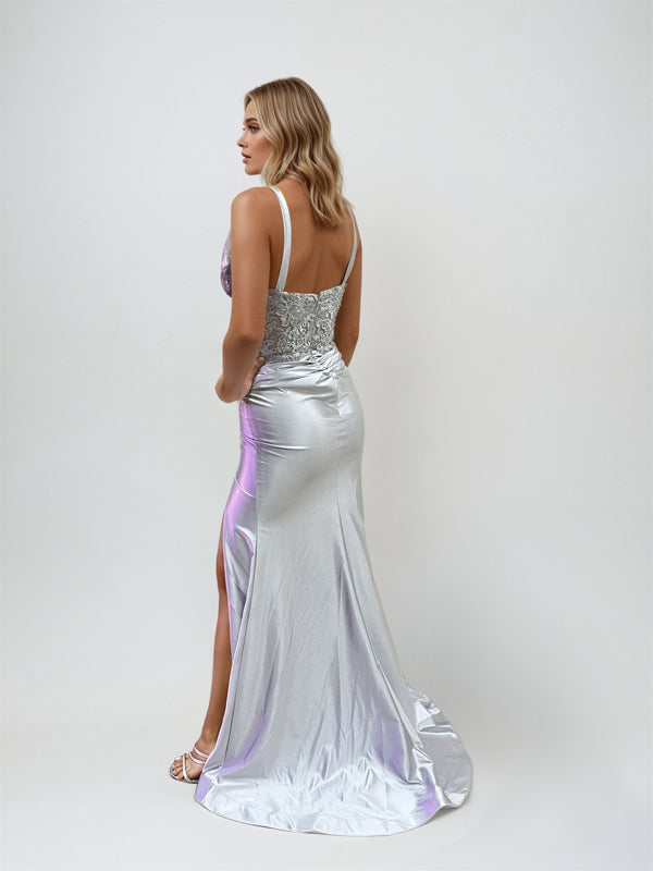 Prom Dresses Long Fitted Ruched Slit Prom Dress Silver