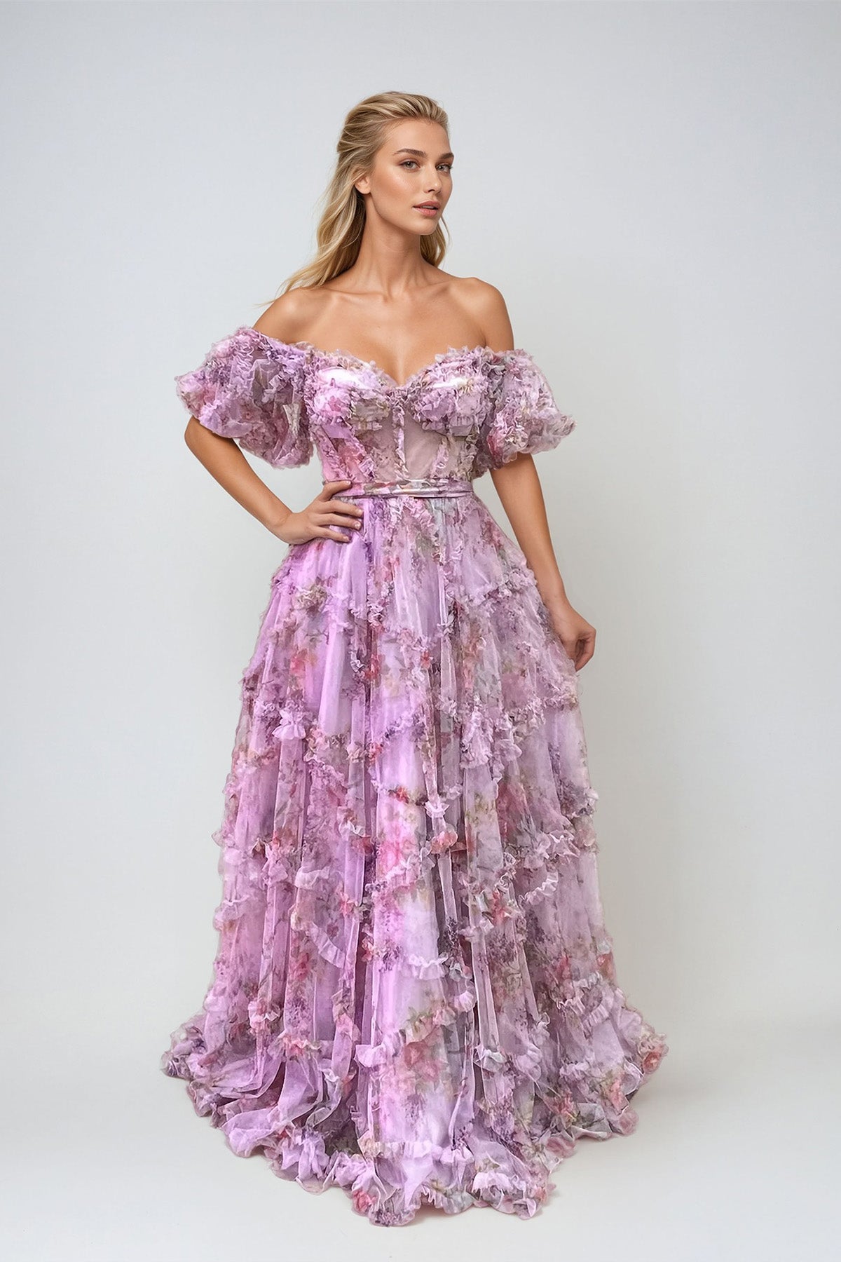 Prom Dresses A Line Long Formal Printed Ruffle Prom Dress  Lilac