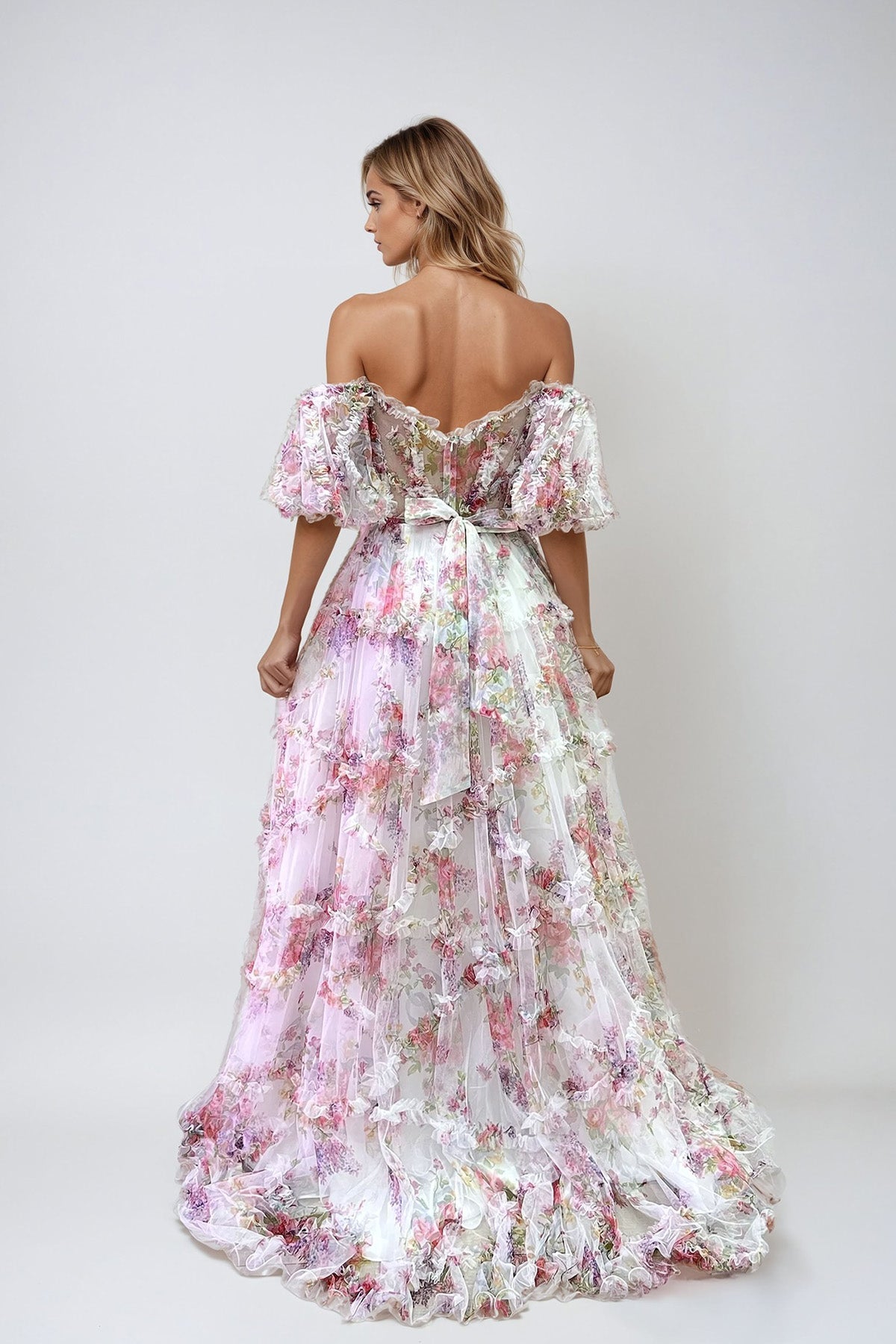 Prom Dresses A Line Long Formal Printed Ruffle Prom Dress White