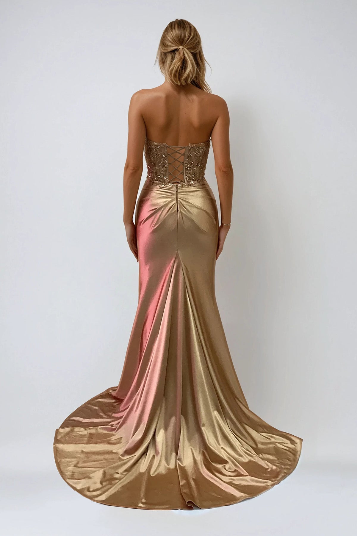 Prom Dresses Fitted Long Corset Formal Applique Prom Dress Gold
