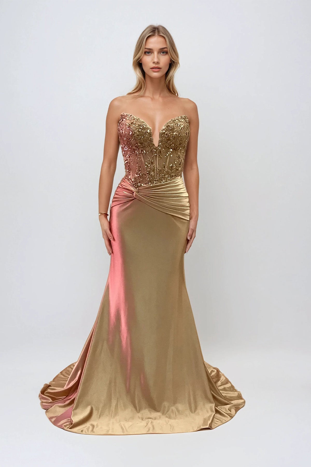Prom Dresses Fitted Long Corset Formal Applique Prom Dress Gold