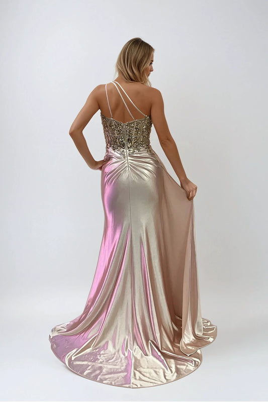 Prom Dresses Fitted Long Formal Slit Pleated Prom Dress Champagne