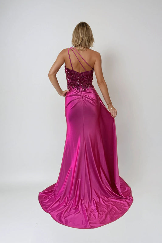 Prom Dresses Fitted Long Formal Slit Pleated Prom Dress Fuchsia