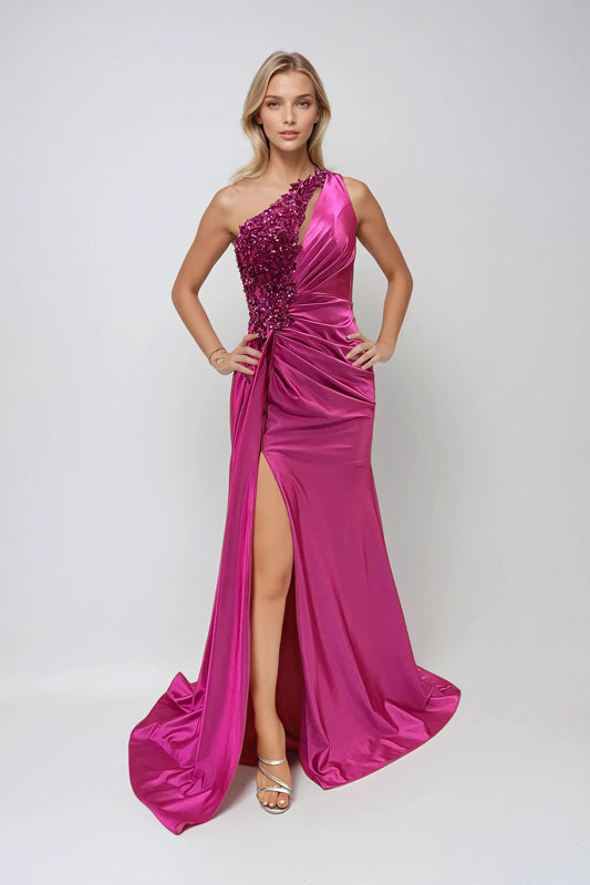 Prom Dresses Fitted Long Formal Slit Pleated Prom Dress Fuchsia
