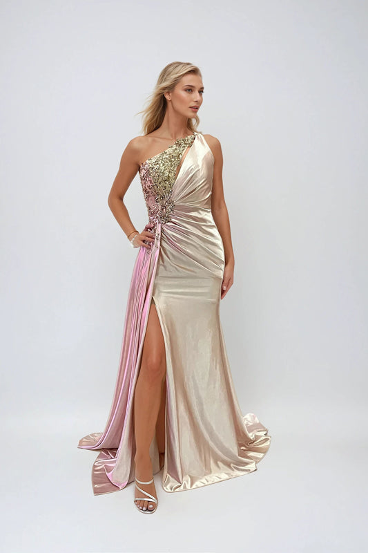 Prom Dresses Fitted Long Formal Slit Pleated Prom Dress Champagne