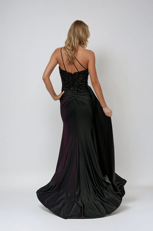 Prom Dresses Fitted Long Formal Slit Pleated Prom Dress Black