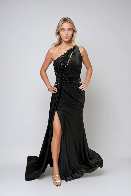 Prom Dresses Fitted Long Formal Slit Pleated Prom Dress Black