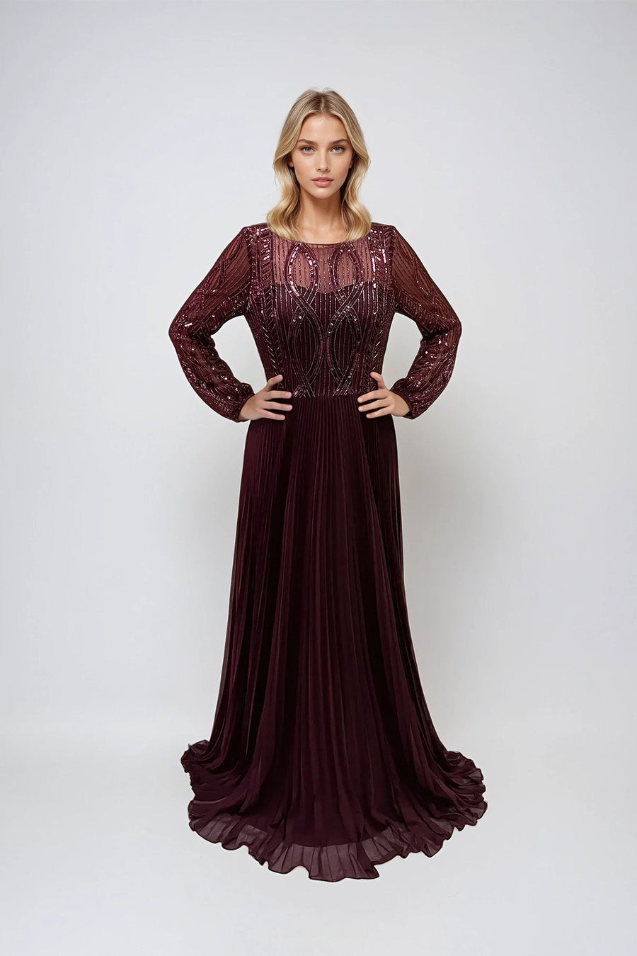 Mother of the Bride Dresses Long Formal Pleated Sequin Mother of the Bride Dress Wine