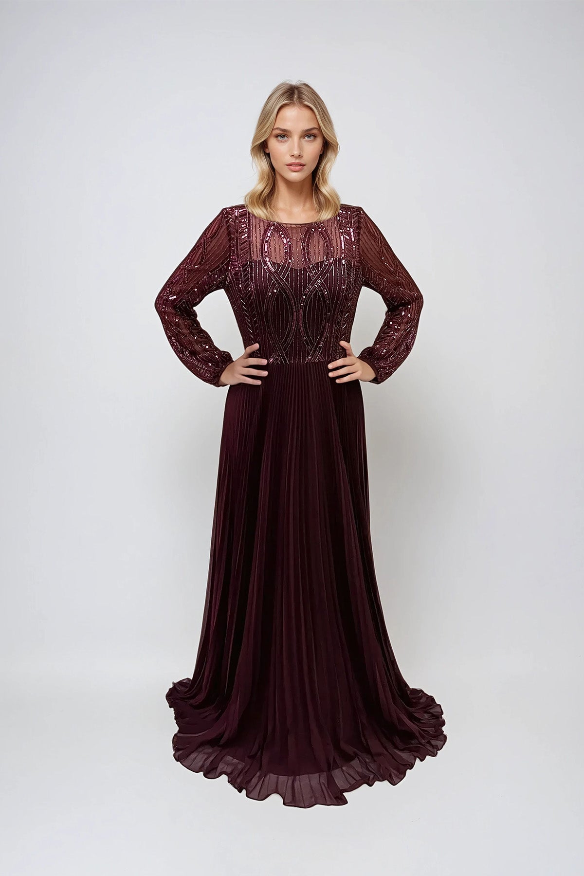 Mother of the Bride Dresses Long Formal Pleated Sequin Mother of the Bride Dress Wine