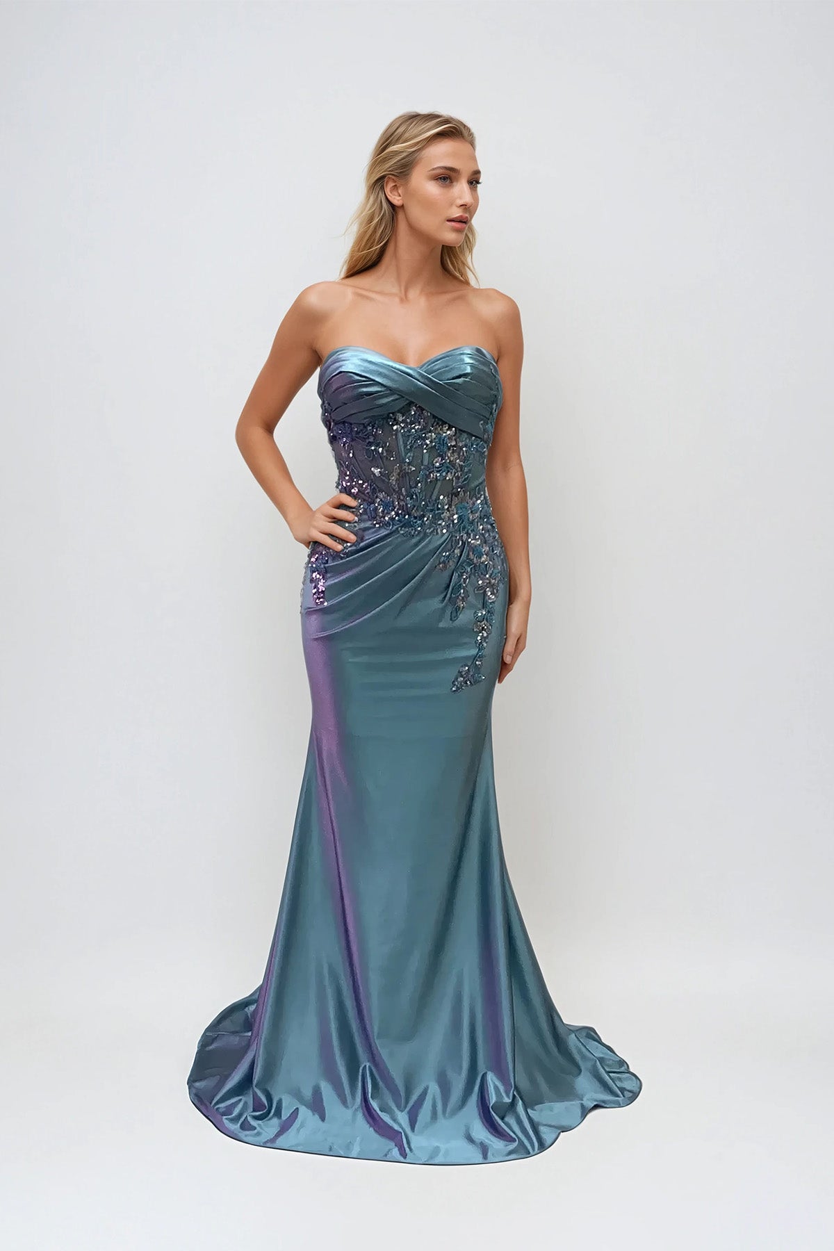 Prom Dresses Prom Long Beaded Ruched Formal Sequin Dress Anqitue Blue