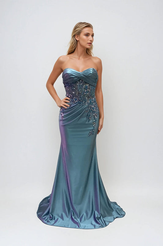 Prom Dresses Prom Long Beaded Ruched Formal Sequin Dress Anqitue Blue