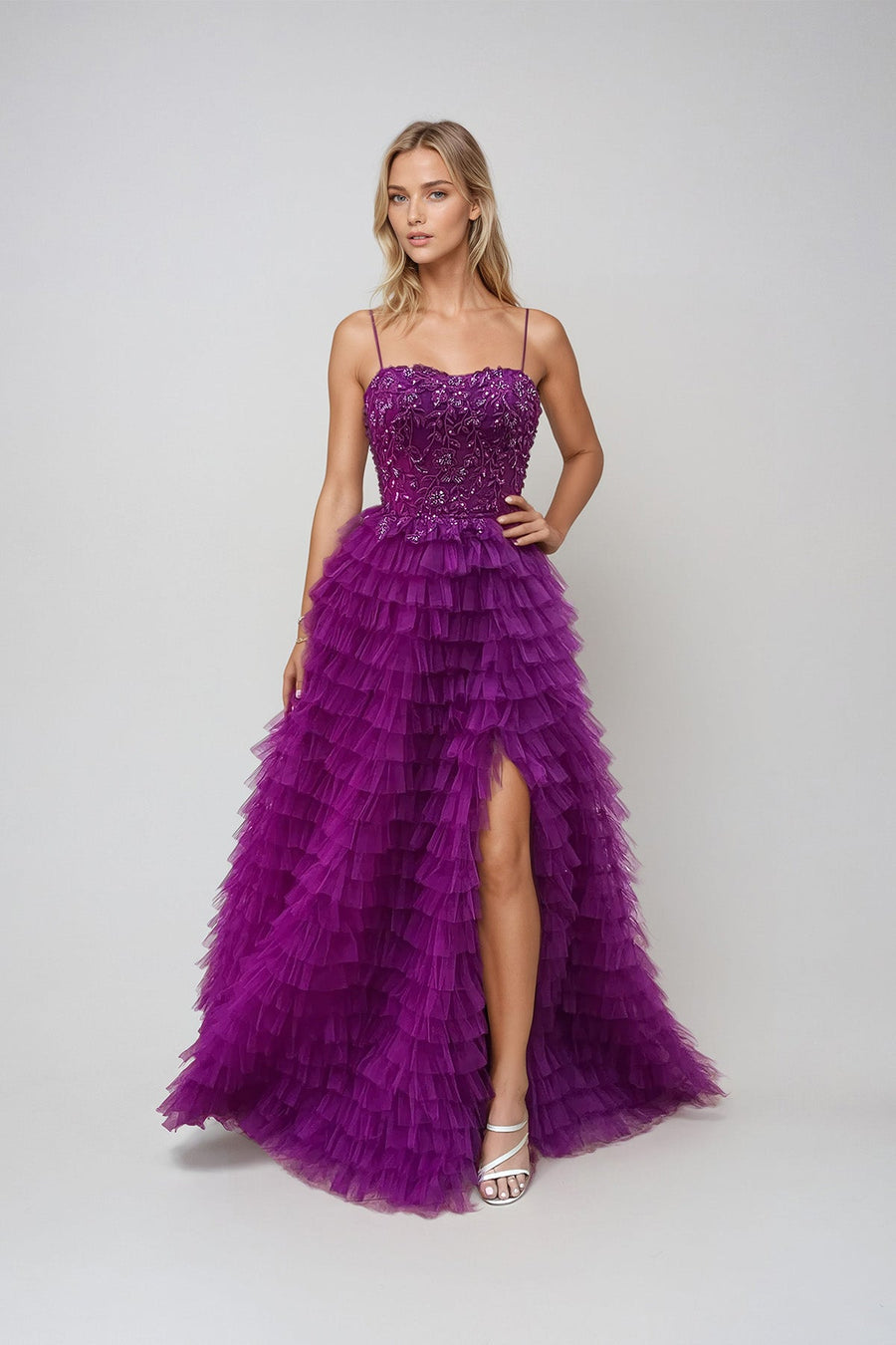 Prom Dresses Fitted Prom Long Ruffle Formal Dress Amaranth