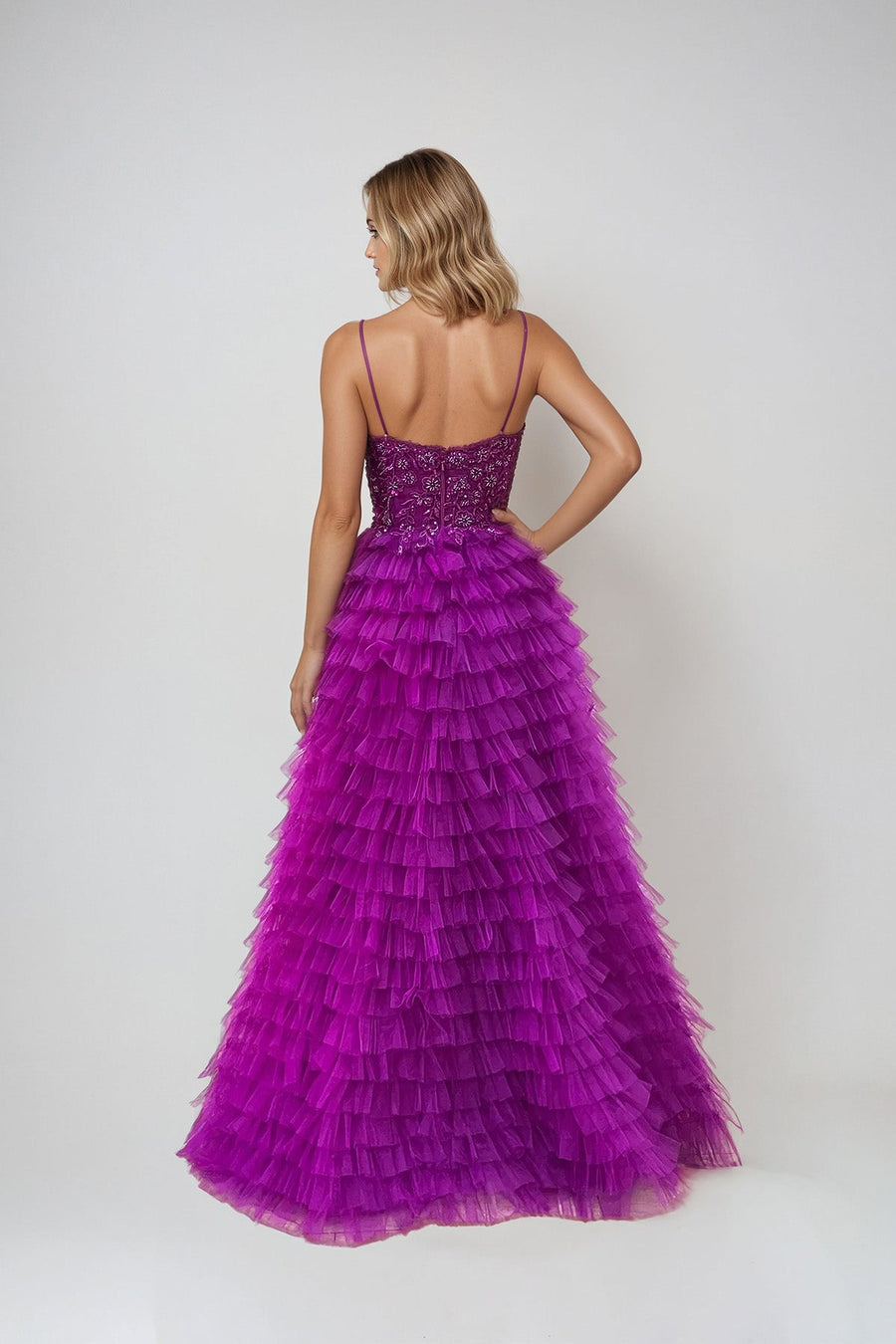 Prom Dresses Fitted Prom Long Ruffle Formal Dress Amaranth