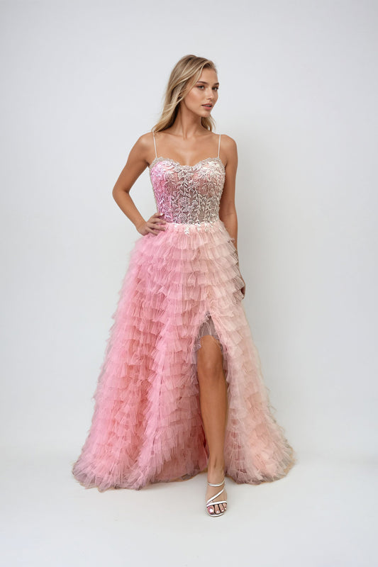 Prom Dresses Fitted Prom Long Ruffle Formal Dress Blush