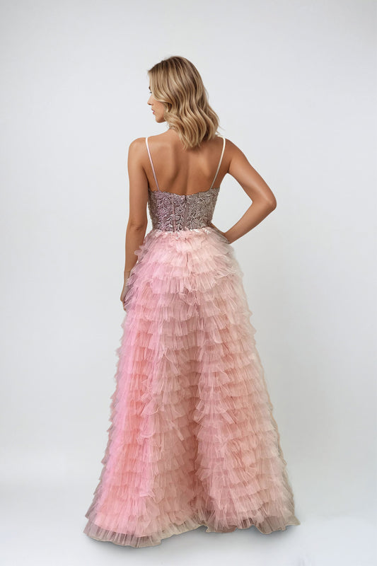 Prom Dresses Fitted Prom Long Ruffle Formal Dress Blush