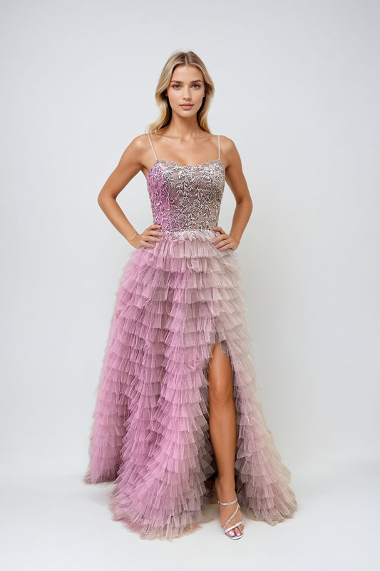 Prom Dresses Fitted Prom Long Ruffle Formal Dress Buff