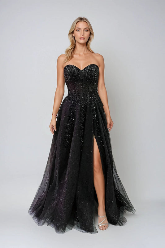 Prom Dresses Fitted Long Slit Beaded Sequin Prom Dress Black