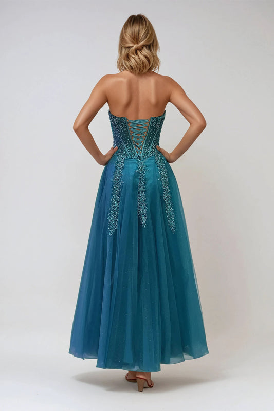 Prom Dresses Fitted Long Slit Beaded Sequin Prom Dress Peacock