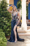 Prom Dresses Floral Fitted Long Formal Slit Prom Dress Black