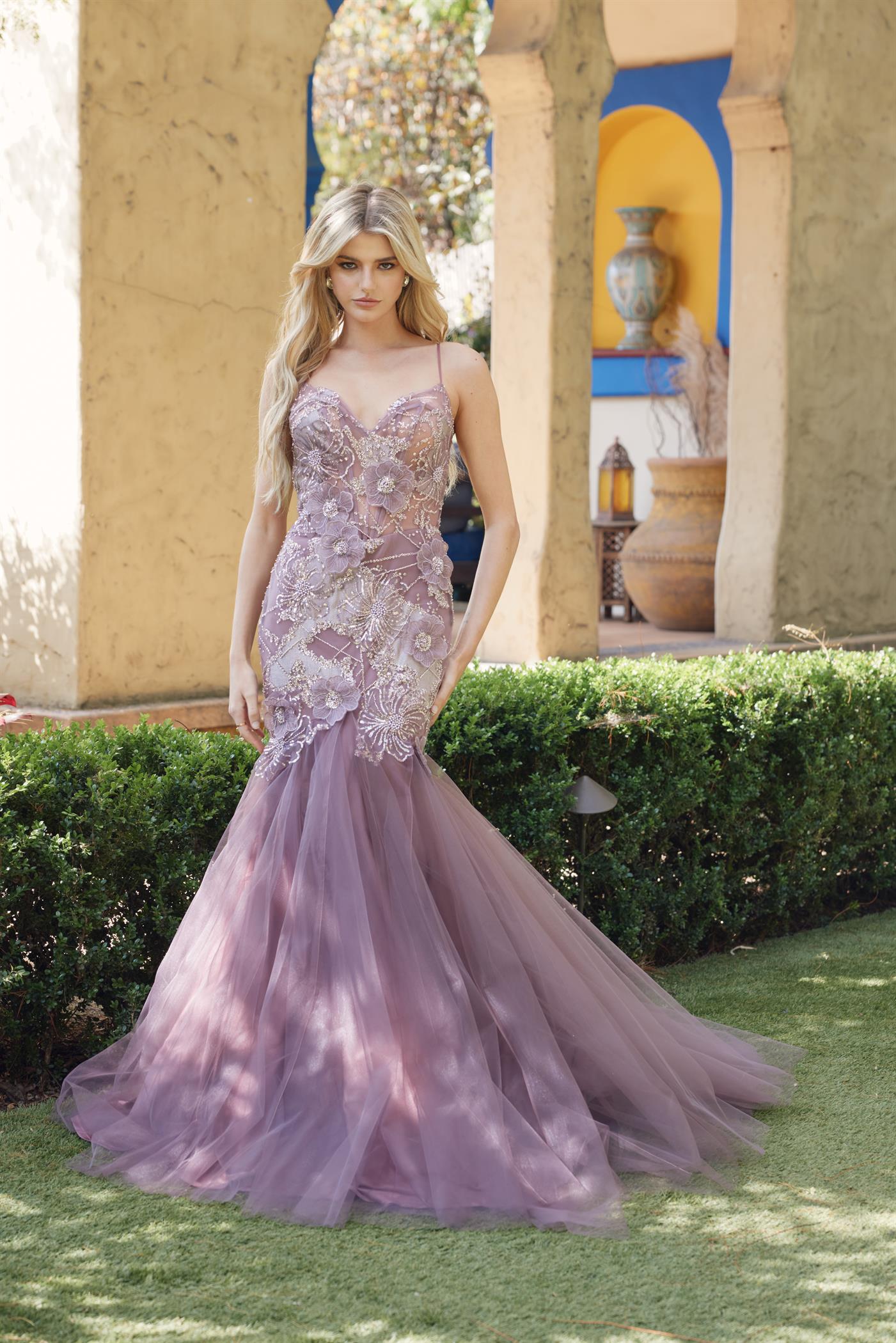 Prom Dresses Long Mermaid Formal Floral Lace Prom Dress Grey Purple