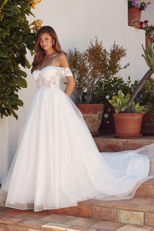 Wedding Dresses Long Floral Applique Wedding Dress Off White