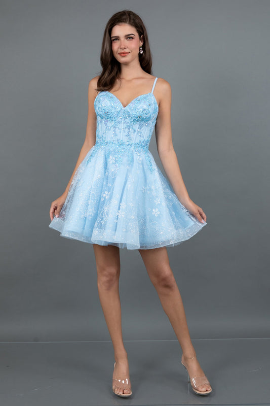 Cocktail Dresses A Line Short Cocktail Floral Glitter Dress Bahama Blue