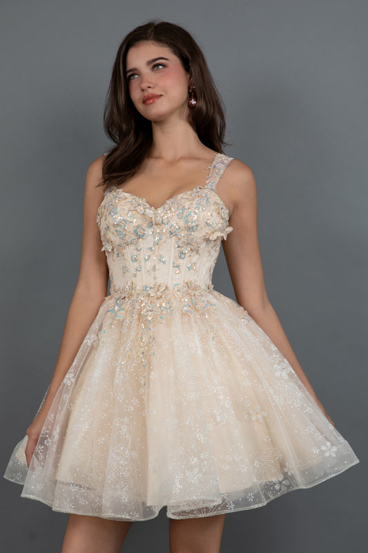 Cocktail Dresses Short Cocktail Floral Glitter Dress Champagne