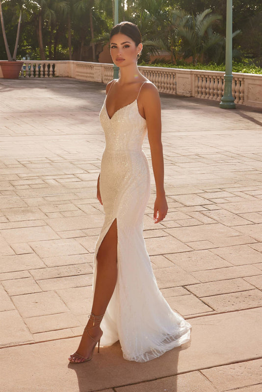 Wedding Dresses Long Beaded Sequin Wedding Dress White