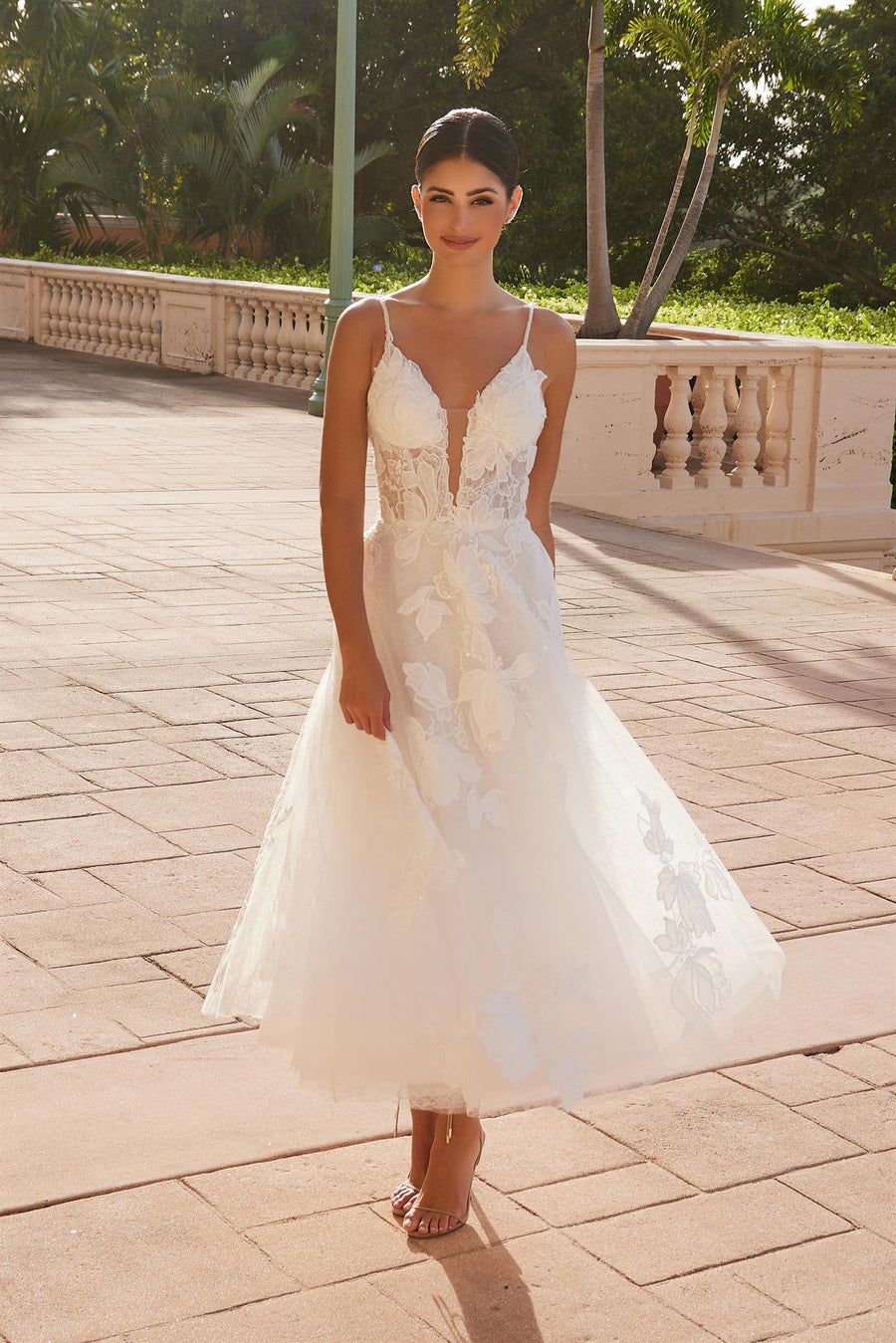 Wedding Dresses Floral Tea Length Wedding Dress  White