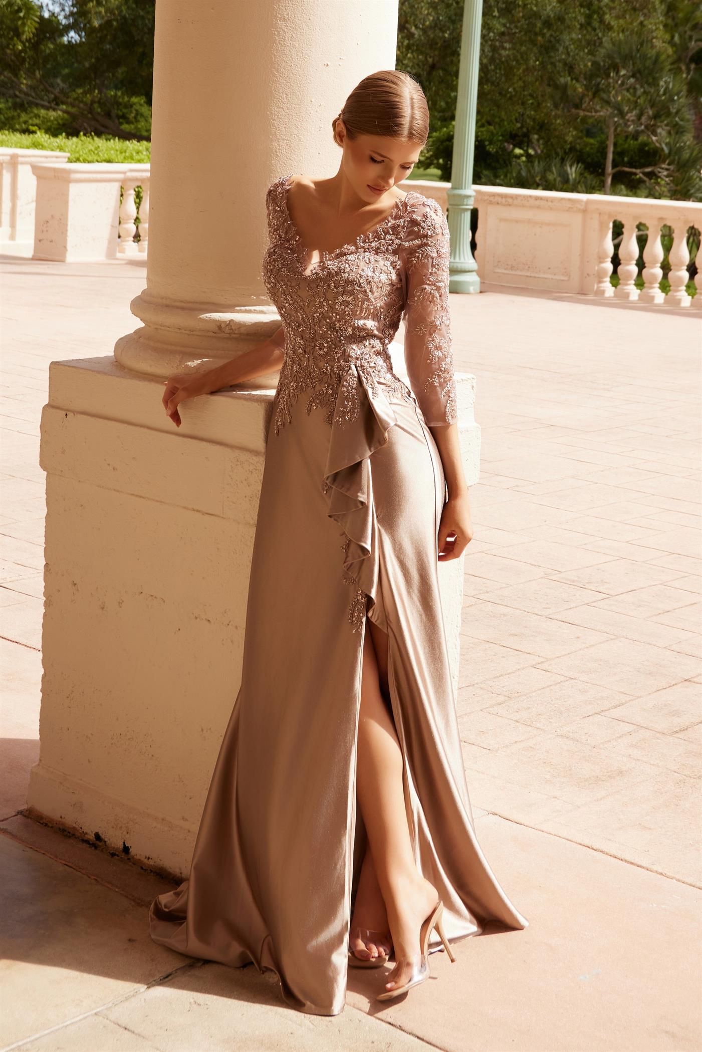 Mother of the Bride Dresses Long Beaded Applique Mother of the Bride Dress Cappuccino