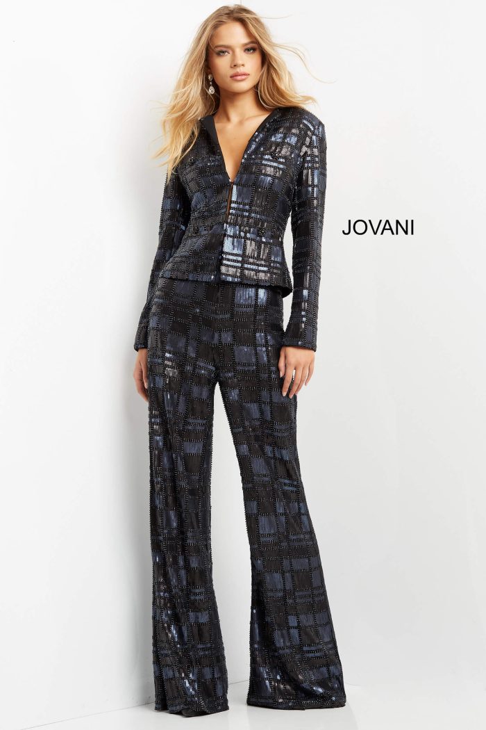 Pant Suit Sequin Long Formal Pant Suit NavyBlack