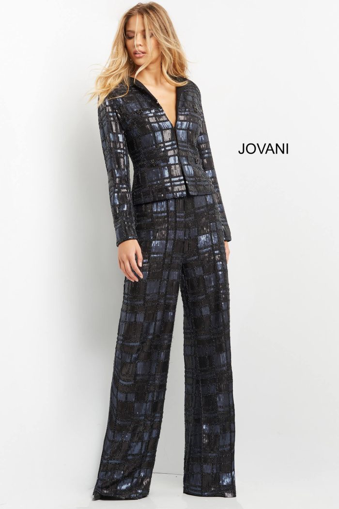 Pant Suit Sequin Long Formal Pant Suit NavyBlack