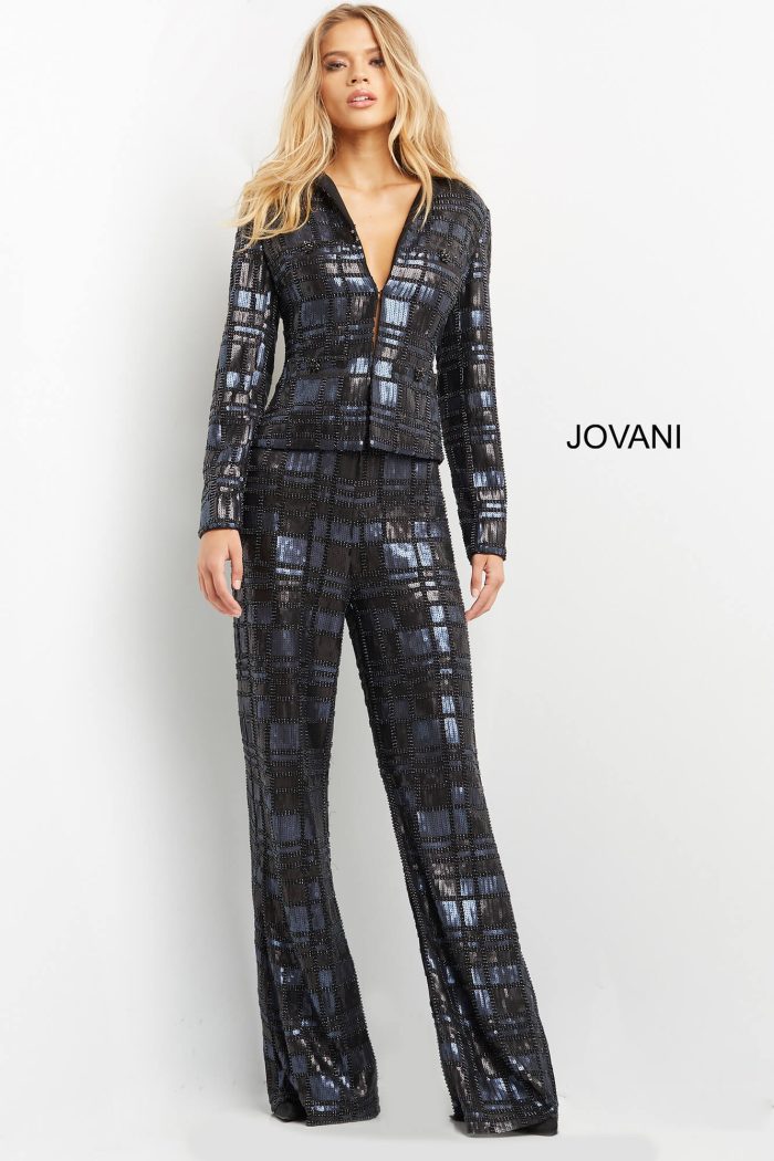 Pant Suit Sequin Long Formal Pant Suit NavyBlack