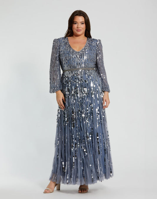 Plus Size Dresses Long Sleeve Formal Sequin Plus Size Dress Slate Blue