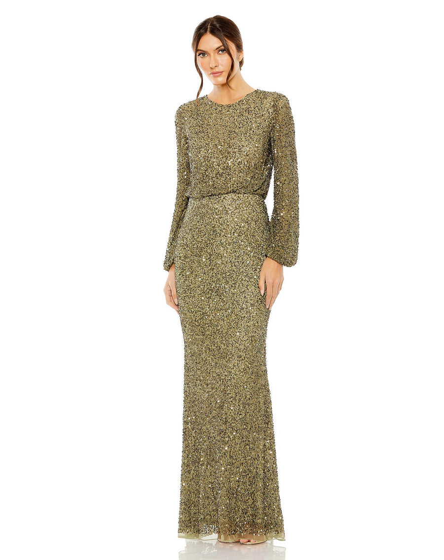 Formal Dresses Long Sleeve Beaded Blouson Dress Olive