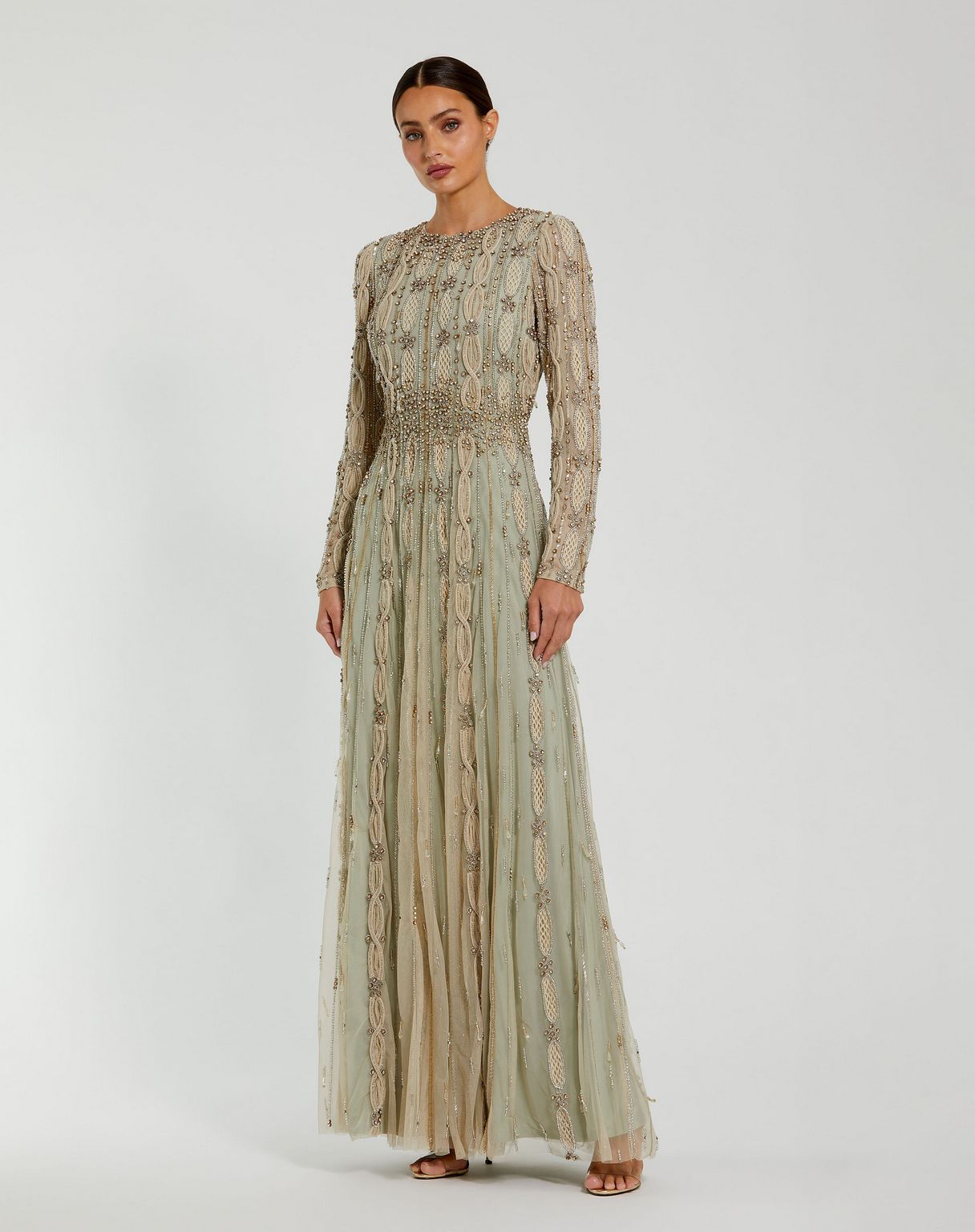 Formal Dresses A Line Long Sleeve Beaded Formal Evening Dress Nude Sage