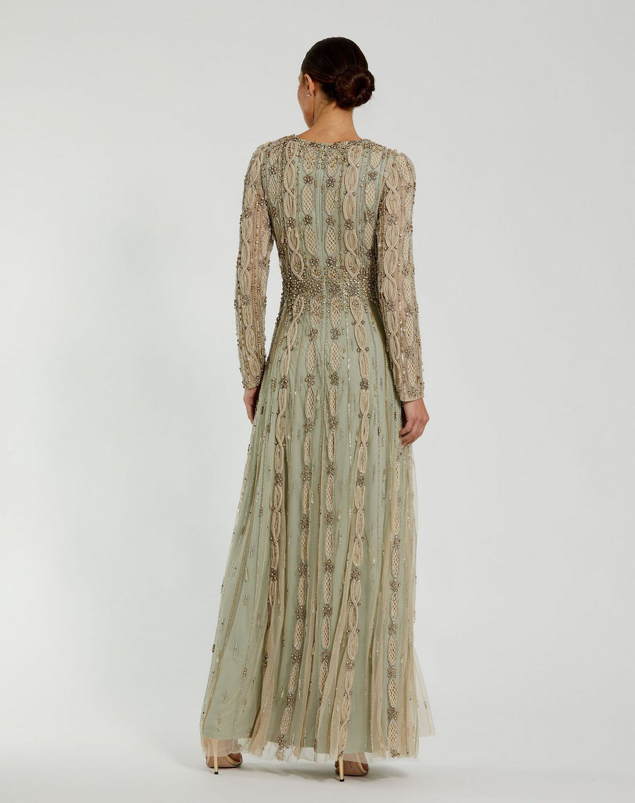 Formal Dresses A Line Long Sleeve Beaded Formal Evening Dress Nude Sage